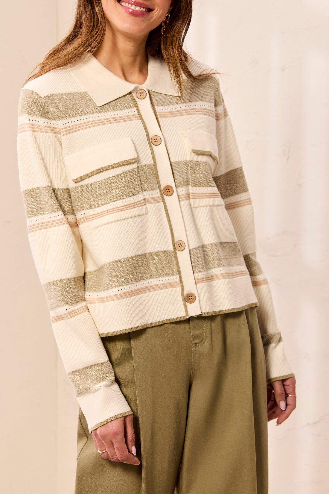 Tribal Long Sleeve Sweater Cardigan w/Collar & Pockets Moonstone 31750-8241-3111