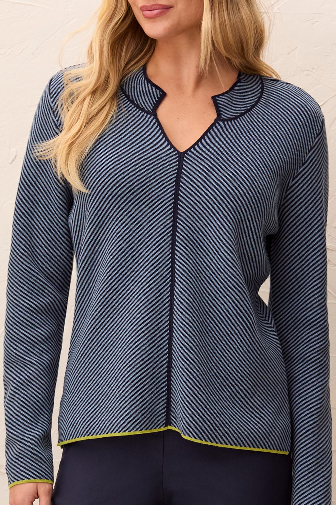 Tribal Long Sleeve Split Neck Sweater W/Tipping Blue Fog 31840-576-1633