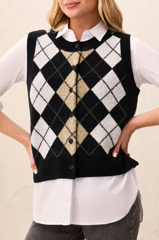 Tribal Sweater Vest w/Buttons Black 32070-3590-0002