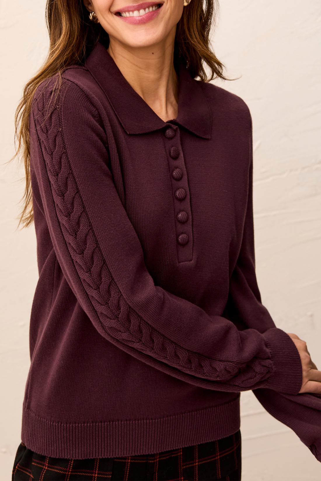 Tribal L/S Polo Sweater w/Cables Detail Fudge 32140-576-0759