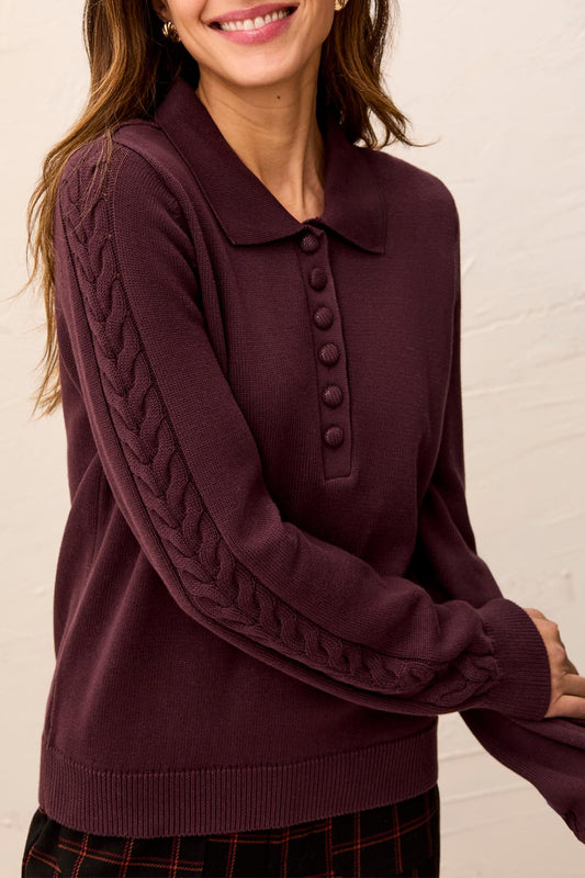 Tribal L/S Polo Sweater w/Cables Detail Fudge 32140-576-0759