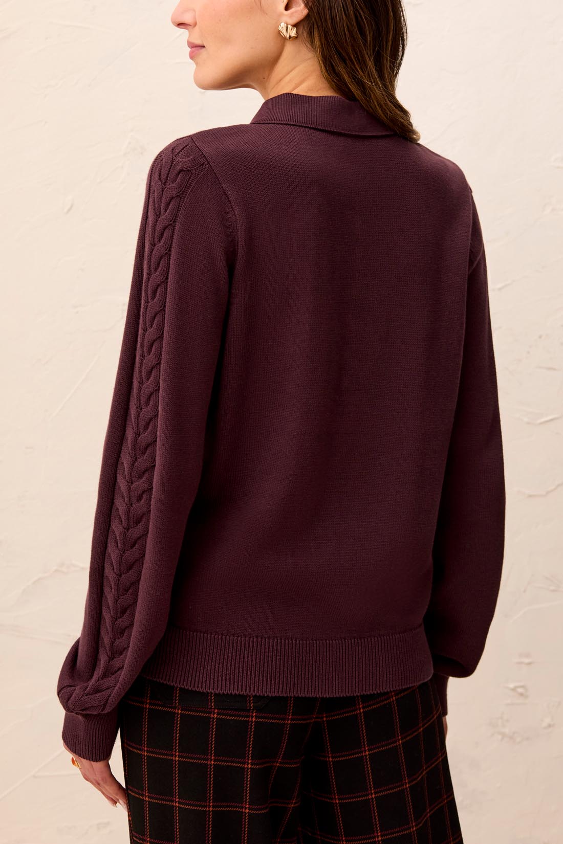 Tribal L/S Polo Sweater w/Cables Detail Fudge 32140-576-0759