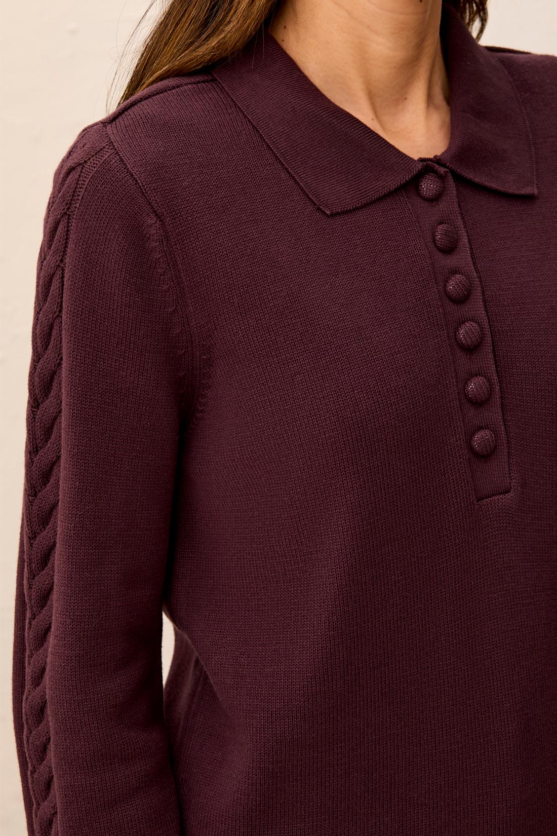 Tribal L/S Polo Sweater w/Cables Detail Fudge 32140-576-0759