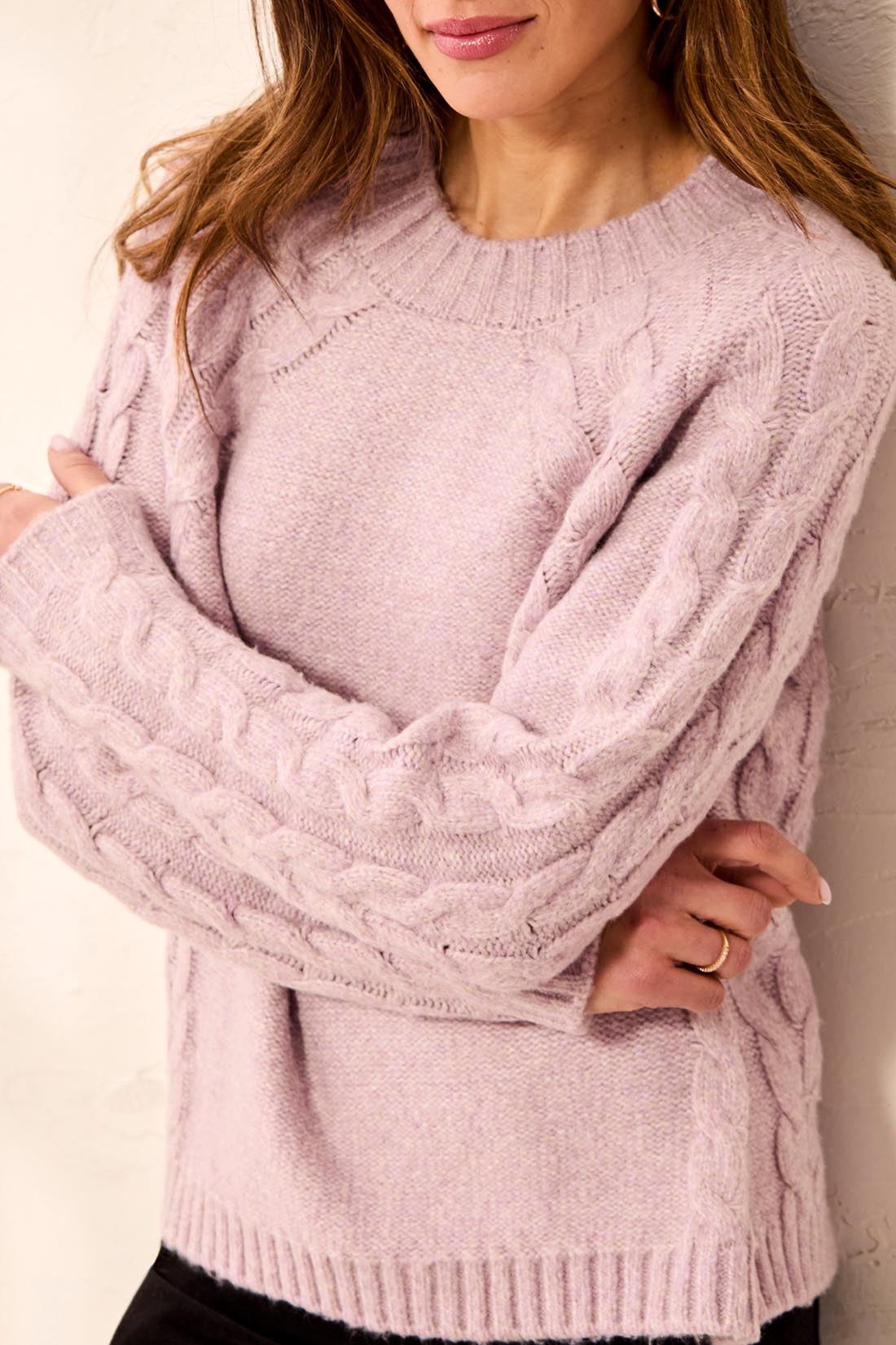 Tribal Long Sleeve Crew Neck Sweater w/Cables Detail Violet Ice 32470-8537-3391