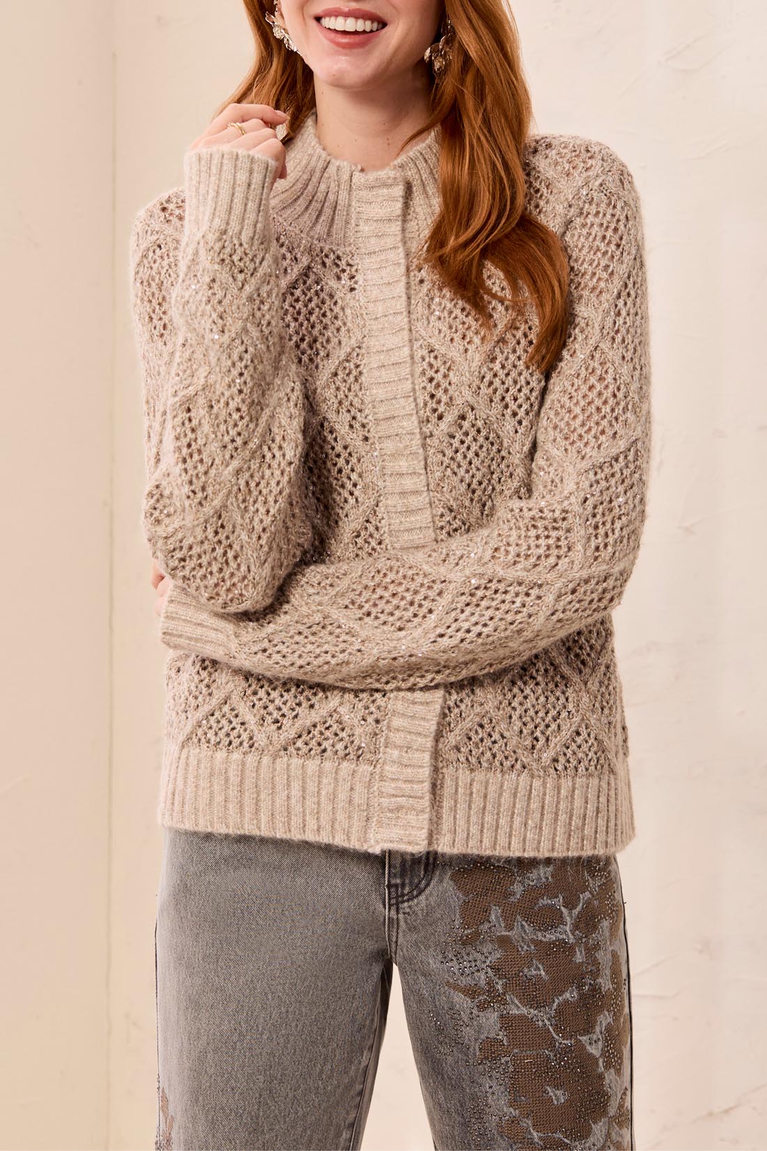 Tribal L/S Mock Neck Sweater Cardigan Birch 32600-8557-1290