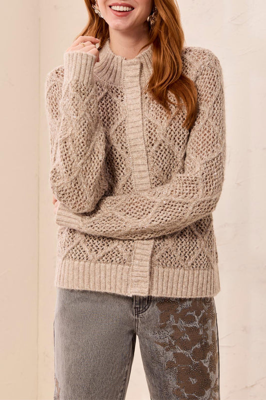 Tribal L/S Mock Neck Sweater Cardigan Birch 32600-8557-1290