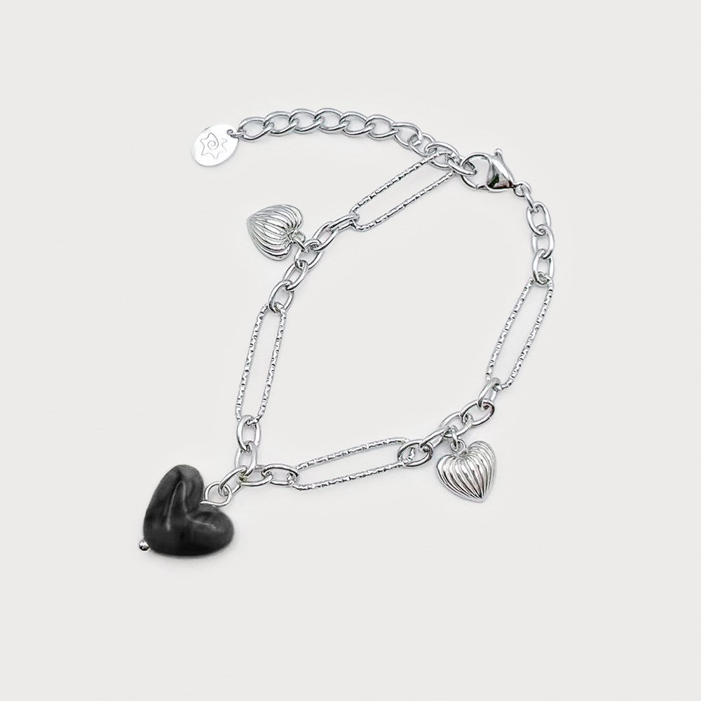 Caracol Figaro Style Stainless Steel Bracelet w/Small Resin Hearts Silver 3408-SLV
