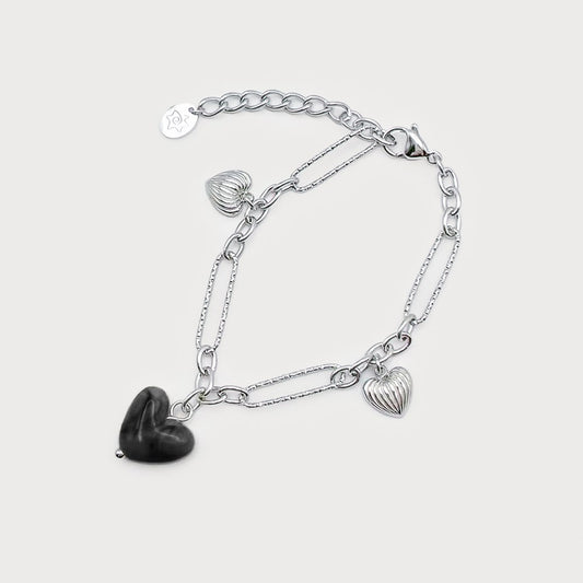 Caracol Figaro Style Stainless Steel Bracelet w/Small Resin Hearts Silver 3408-SLV