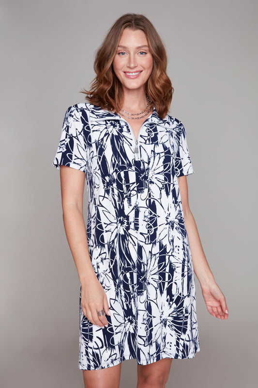 Compli K Floral Print Short Sleeve Dress Navy/White 36016