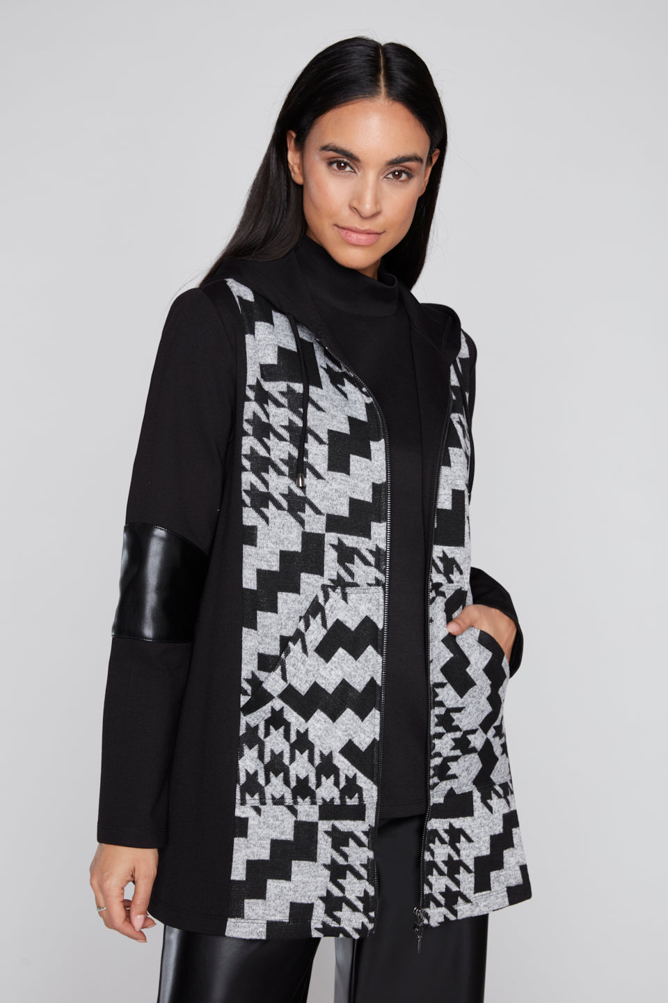 Compli K Houndstooth Zip Hoodie Jacket Grey/Black 36563