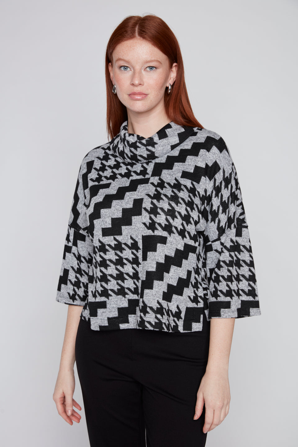 Compli K Cowl Neck Houndstooth Top Grey/Black 36564