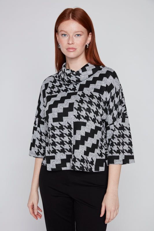 Compli K Cowl Neck Houndstooth Top Grey/Black 36564