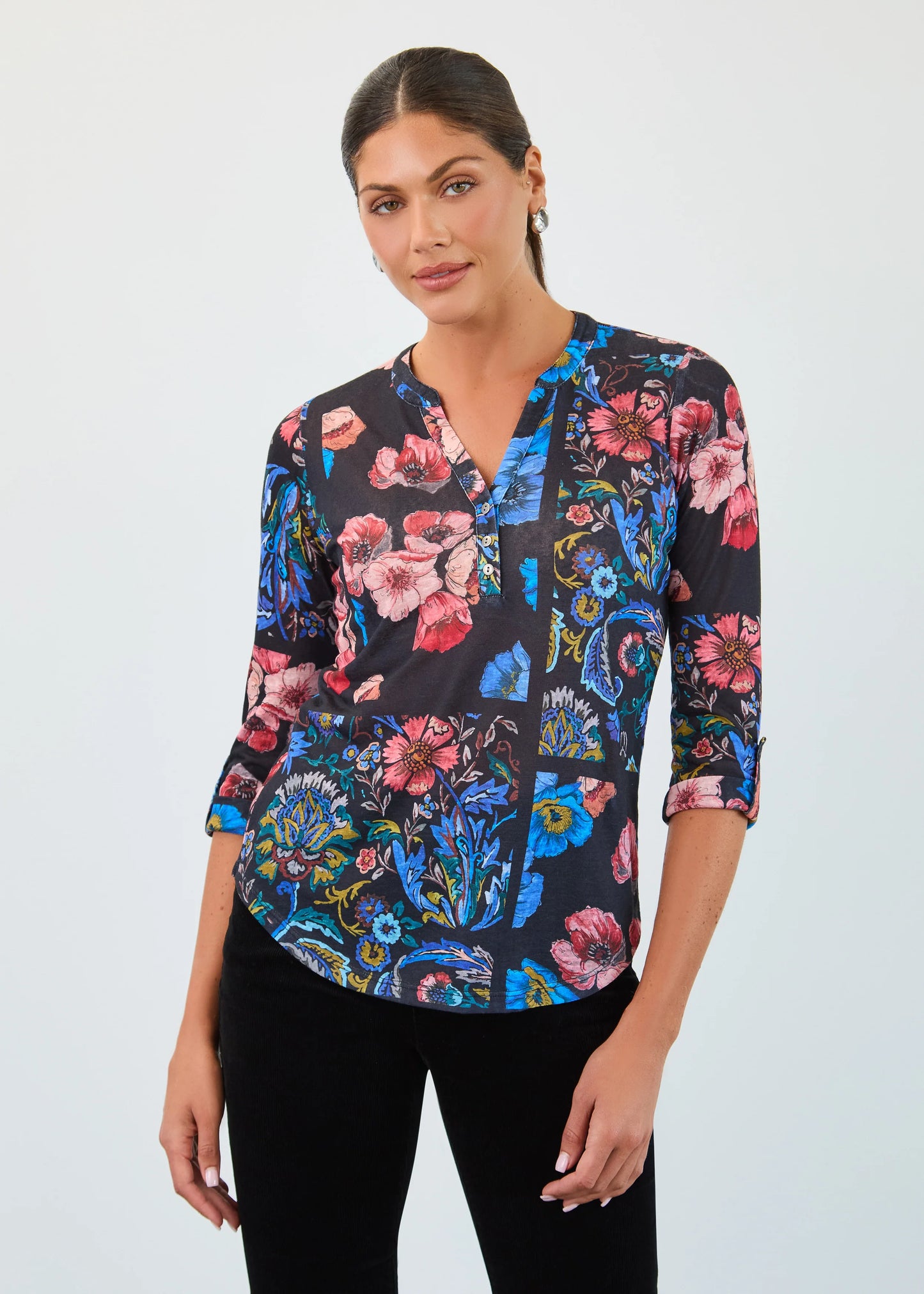 FDJ 3/4 Sleeve Henley Top Botany Patchwork 3799451