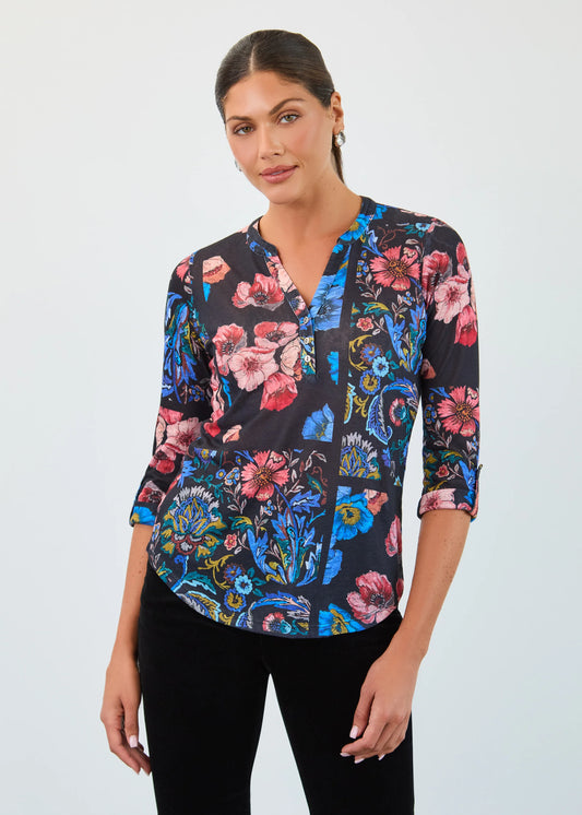 FDJ 3/4 Sleeve Henley Top Botany Patchwork 3799451
