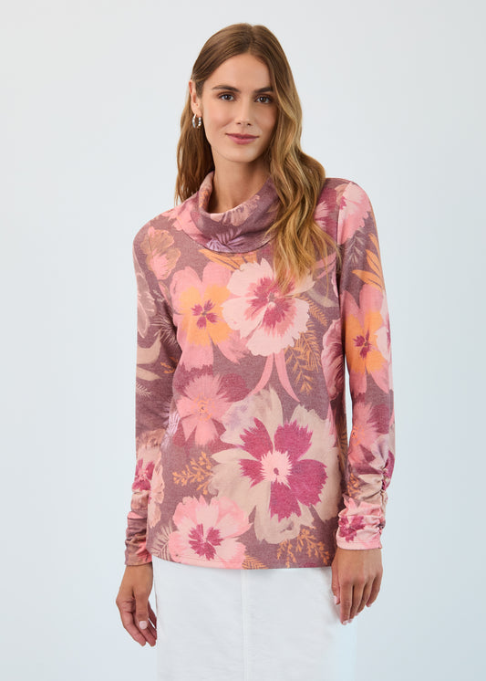 FDJ Long Sleeve Cowl Neck Top  Coral Fall Botanical 3866742