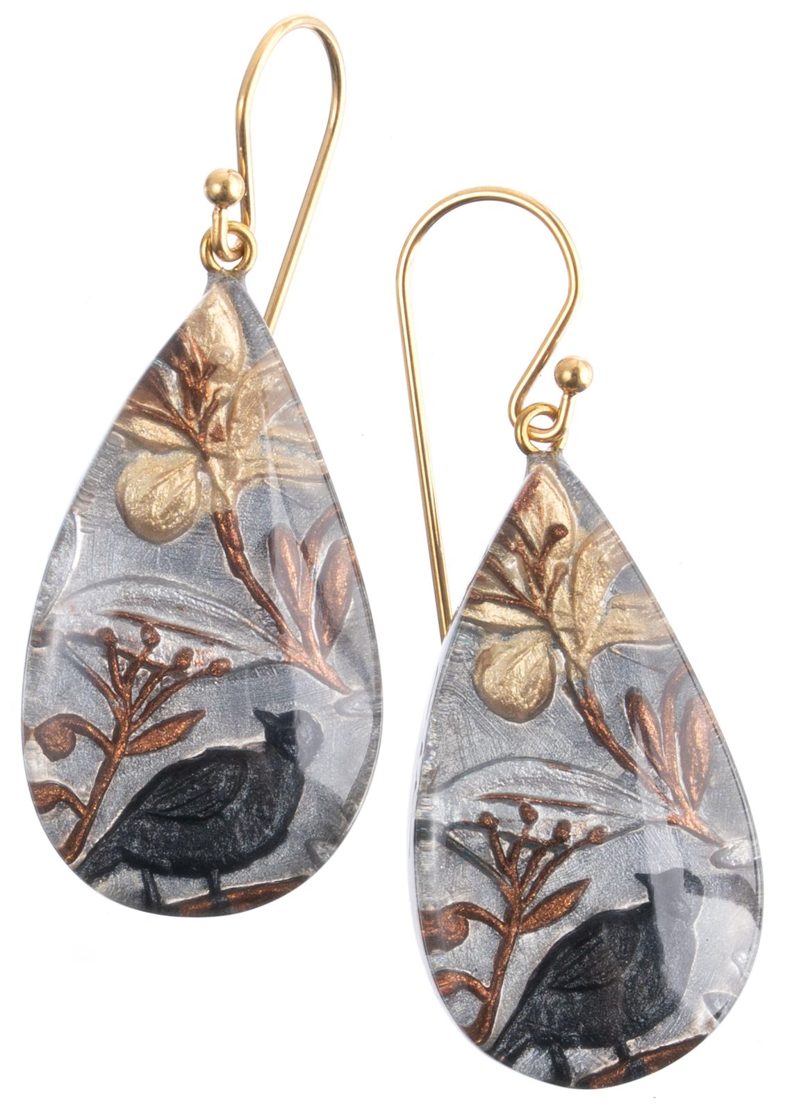 Zsiska Helena 1-Bead Short Hook Earrings Charcoal Bird Floral 4470502ANTHQ00