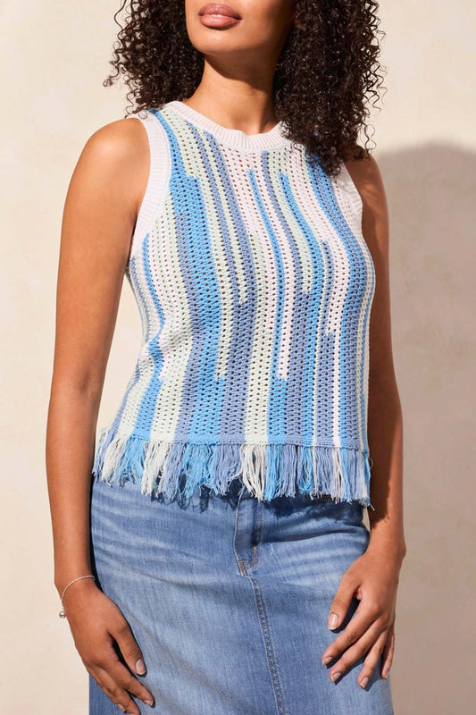 Tribal Crew Neck Fringed Hem Sweater Cami Sailboat Multi 57140-576-3193