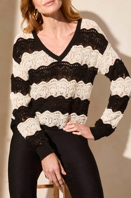 Tribal L/S V-Neck Crochet Swirl Stripe Sweater Black 58110-576-0002