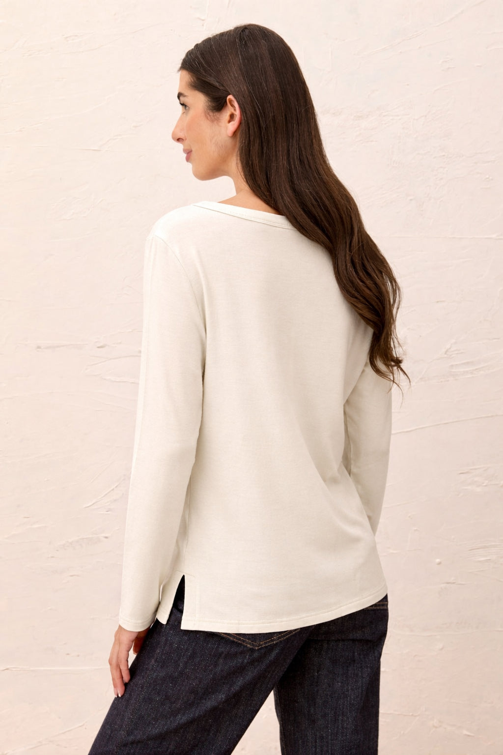 Tribal Soft French Terry Scoop Neck Long Sleeve Top  Cream 58950-2422-0026