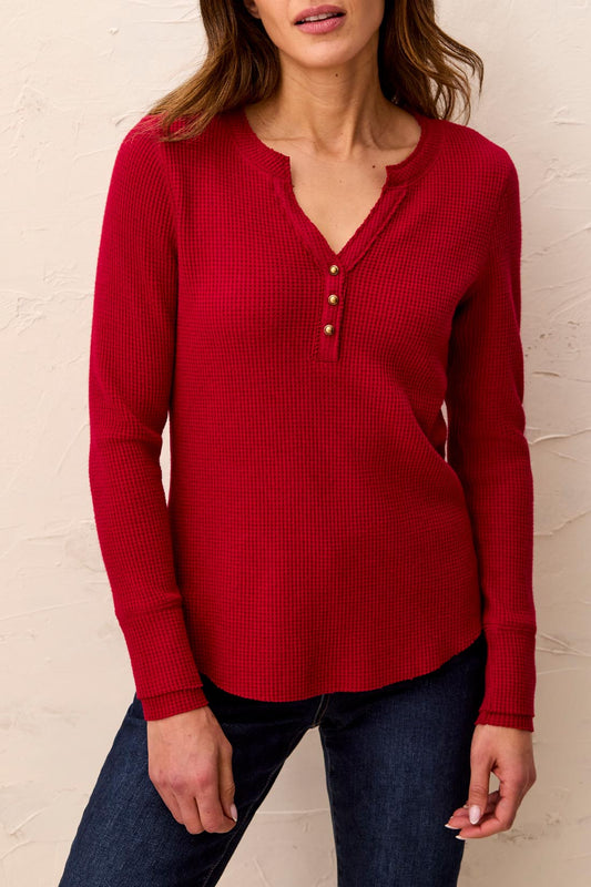 Tribal Brushed Waffle Knit Henley Long Sleeve Top H Pinot 58990-5159-3408