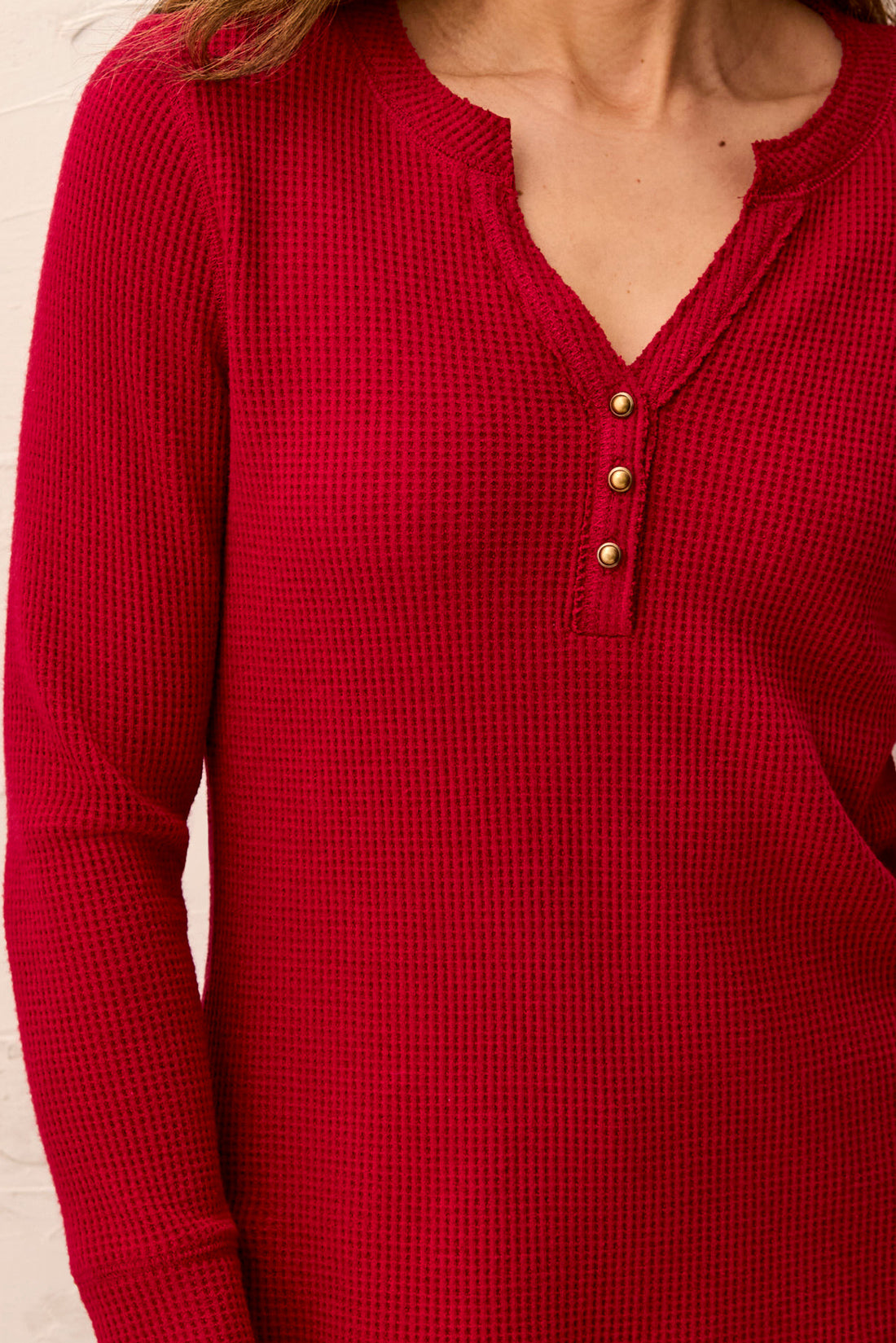 Tribal Brushed Waffle Knit Henley Long Sleeve Top H Pinot 58990-5159-3408