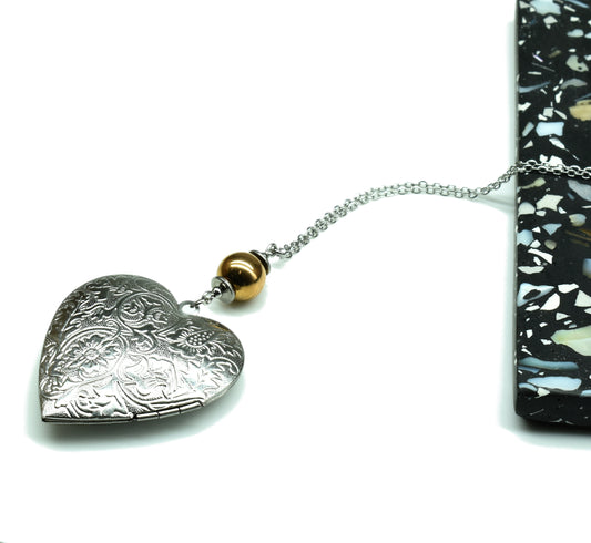 J&J Designs Stainless Steel Heart Locket & Rose Gold Bead Necklace Silver 59124