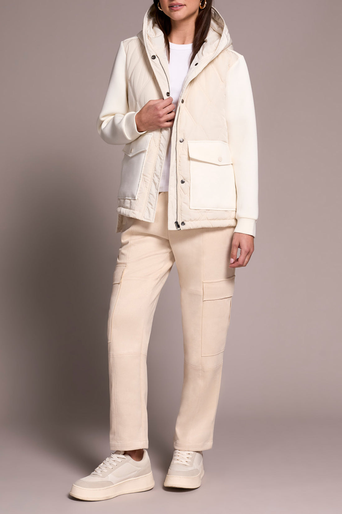Tribal Quilted Front Combo Knit Jacket w/Hood & Pockets  Cream 59180-5031-0026