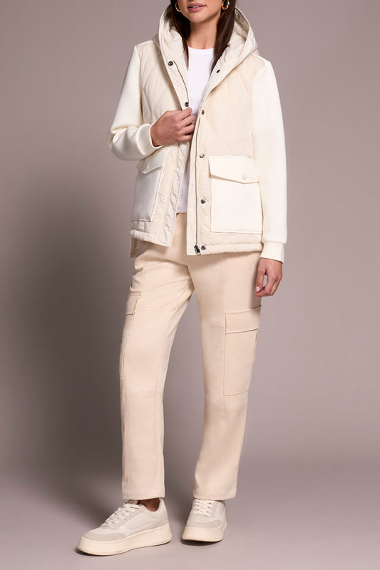 Tribal Quilted Front Combo Knit Jacket w/Hood & Pockets  Cream 59180-5031-0026