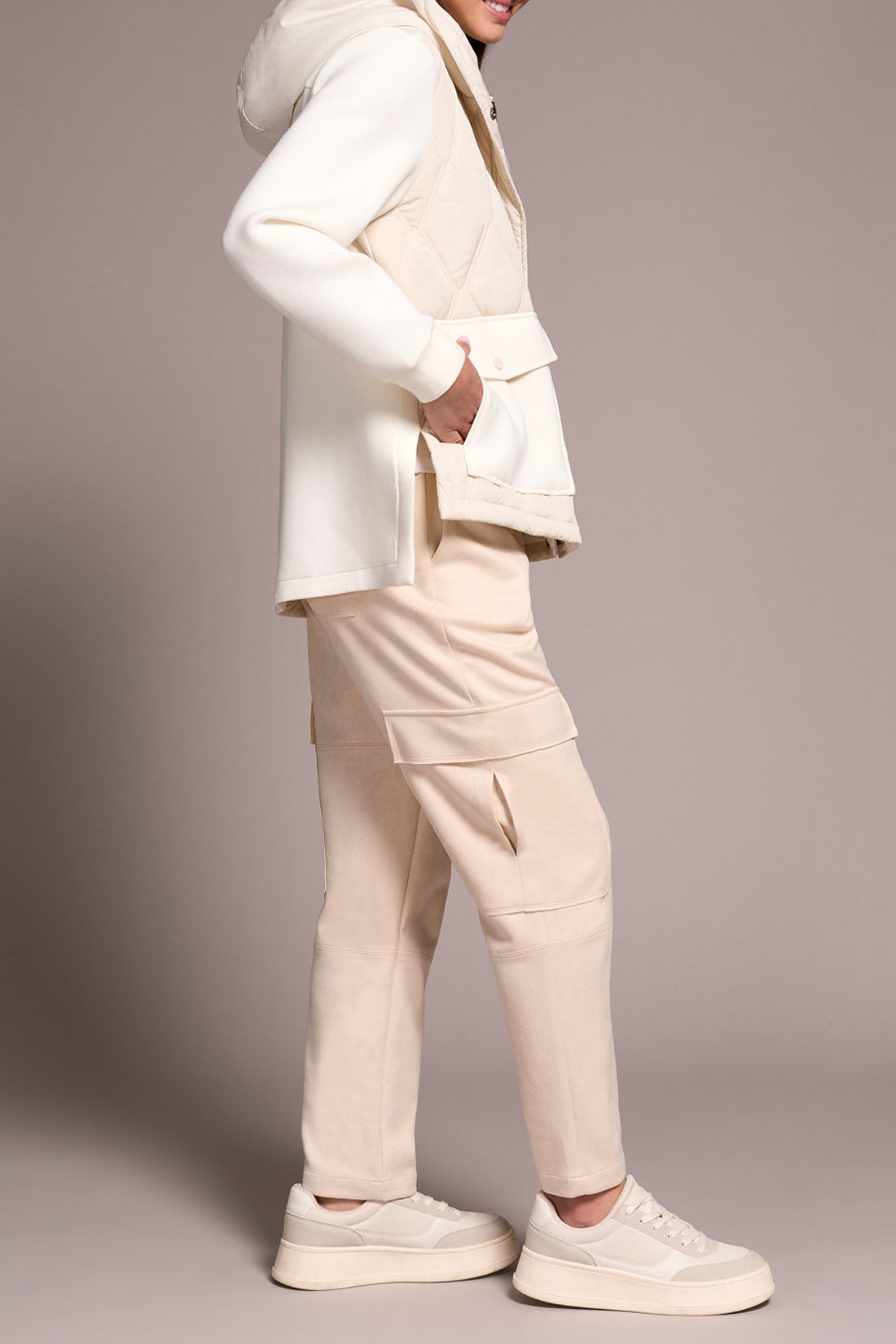 Tribal Quilted Front Combo Knit Jacket w/Hood & Pockets  Cream 59180-5031-0026