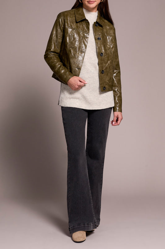 Tribal Button Front Faux Leather Jacket Olive Leaf 59210-5358-3255
