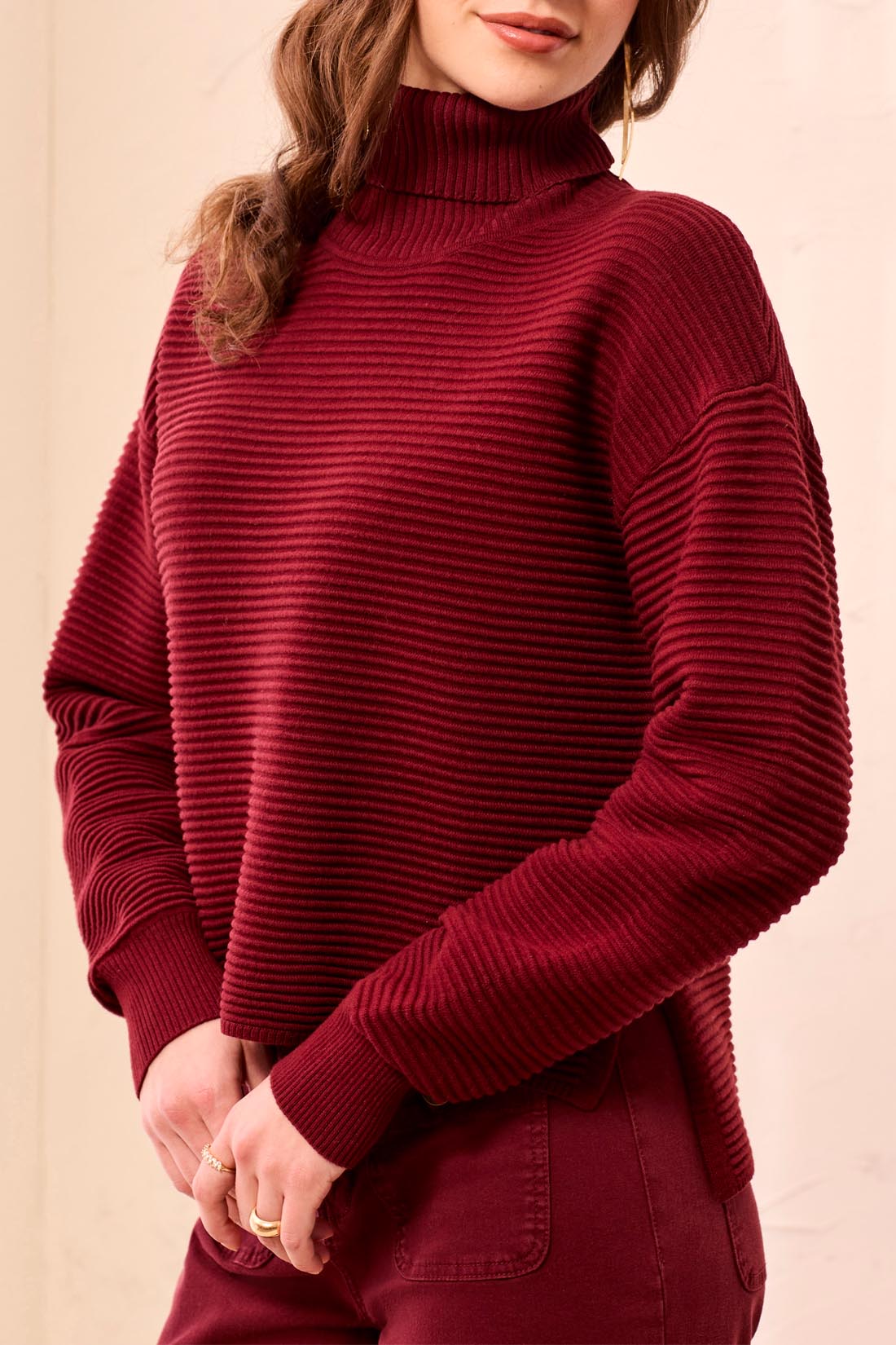 Tribal Turtleneck Hi-Lo Sweater w/Side Slits Cherry Lacquer 59330-5812-2542