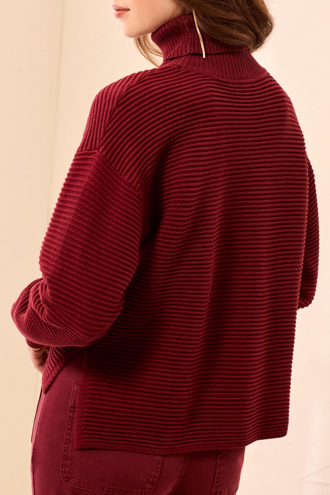 Tribal Turtleneck Hi-Lo Sweater w/Side Slits Cherry Lacquer 59330-5812-2542