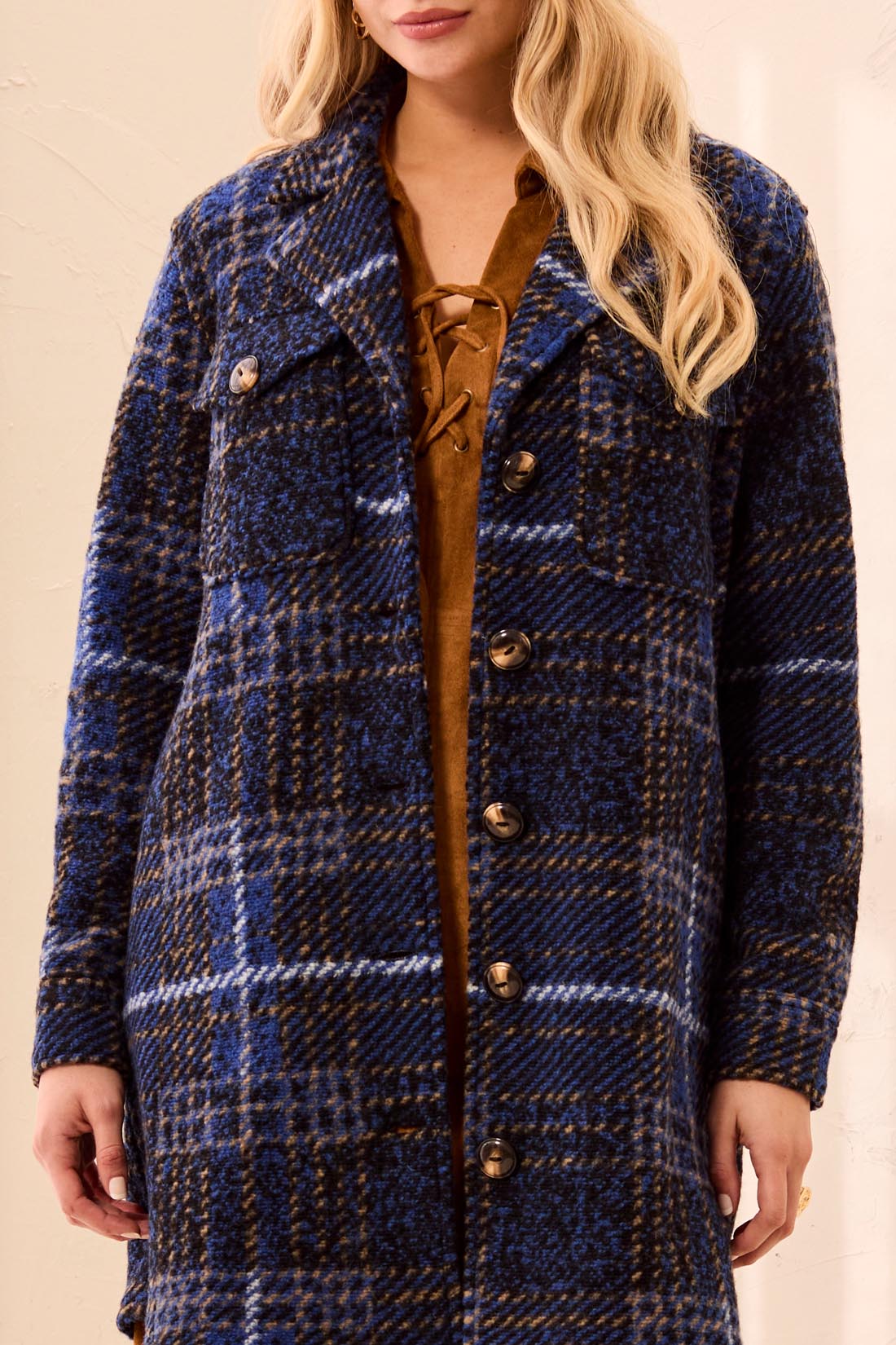 Tribal Knit Plaid Notch Collar Shacket Electric Blue 59660-5056-1991