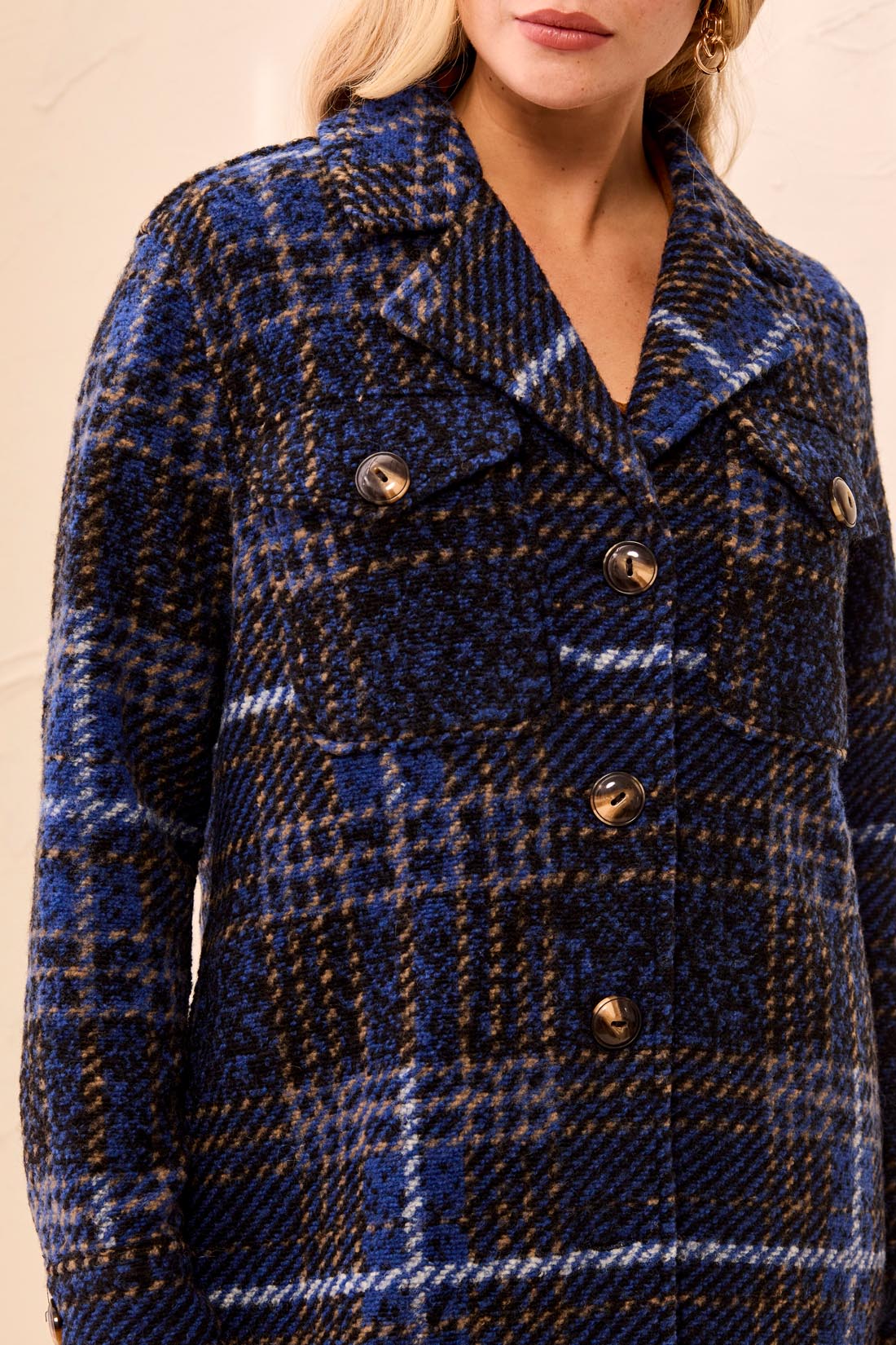 Tribal Knit Plaid Notch Collar Shacket Electric Blue 59660-5056-1991