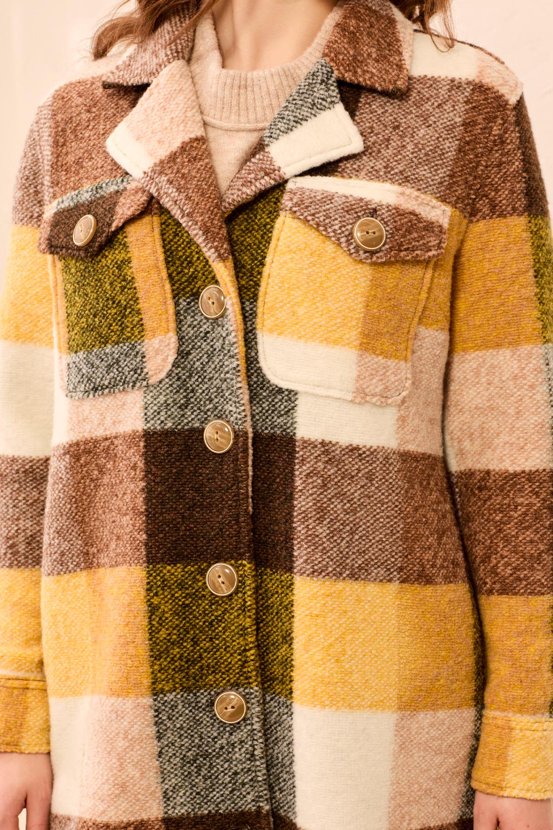 Tribal Knit Plaid Notch Collar Shacket Hazelwood 59660-5056-2457