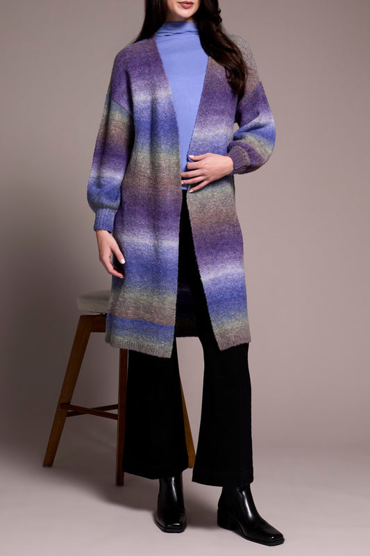 Tribal Long Sweater Cardigan w/Puff Sleeve Blue Violet 59820-5065-3286