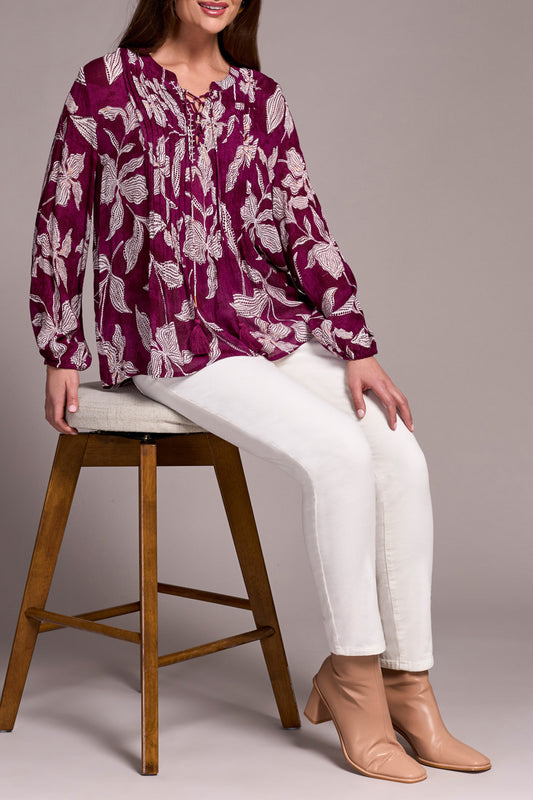 Tribal Blouse w/Pintuck and Lace Up  Plumwine 59890-5101-1324