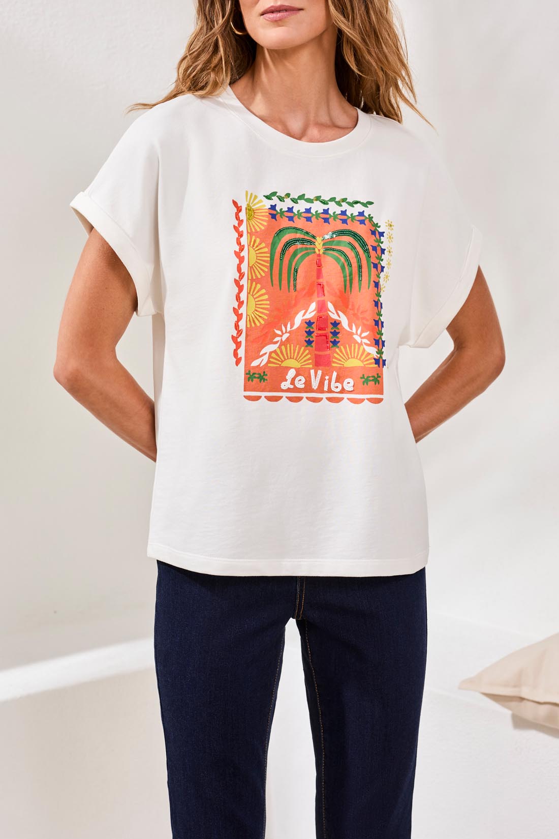 Tribal Crew Dolman Sleeve Top w/Beaded Detail White 61000-5140-0001