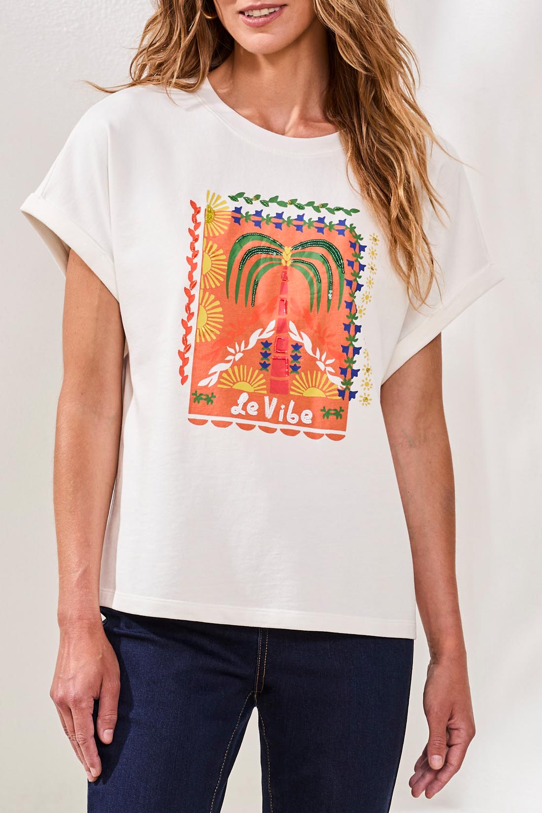 Tribal Crew Dolman Sleeve Top w/Beaded Detail White 61000-5140-0001