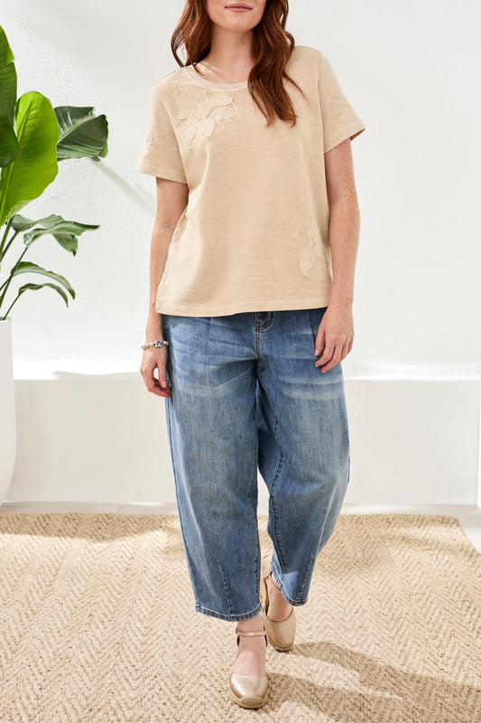 Tribal Short Sleeve Crew Neck Embroidered T-Shirt Ecru 61320-5559-0331