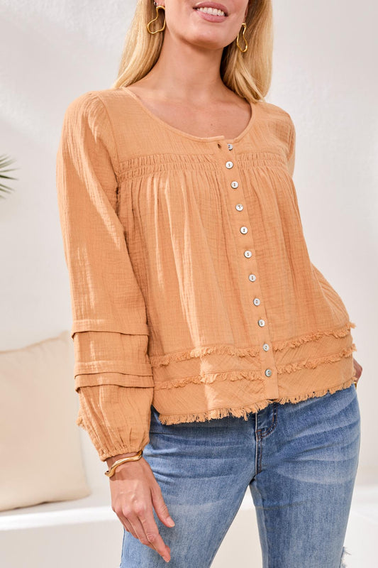 Tribal Button Front Tiered A-Line Blouse w/Smocking Sahara Beige 61650-4555-2523