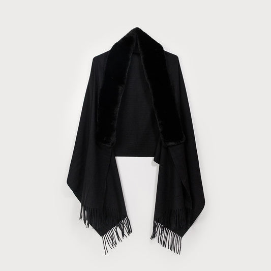 Caracol Shawl w/Faux Fur Collar & Fringes 6190-BLK