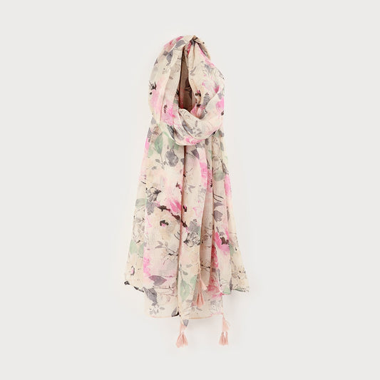 Caracol Lightweight Floral Print Scarf w/Tassels Pastel 6201-PAS