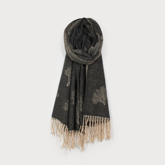 Caracol Large Silky Scarf w/Fringes & Tree Print 6213-BLK