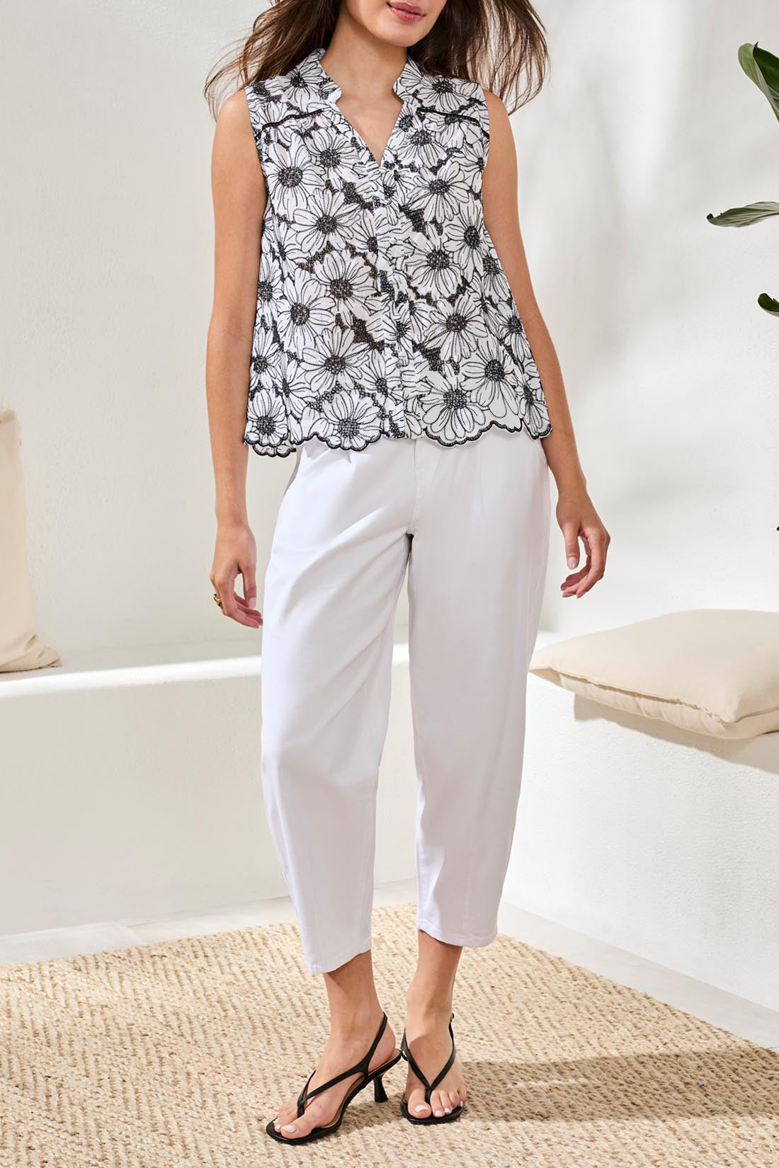 Tribal Sleeveless Button Front Blouse  White/Black 62130-5210-0289