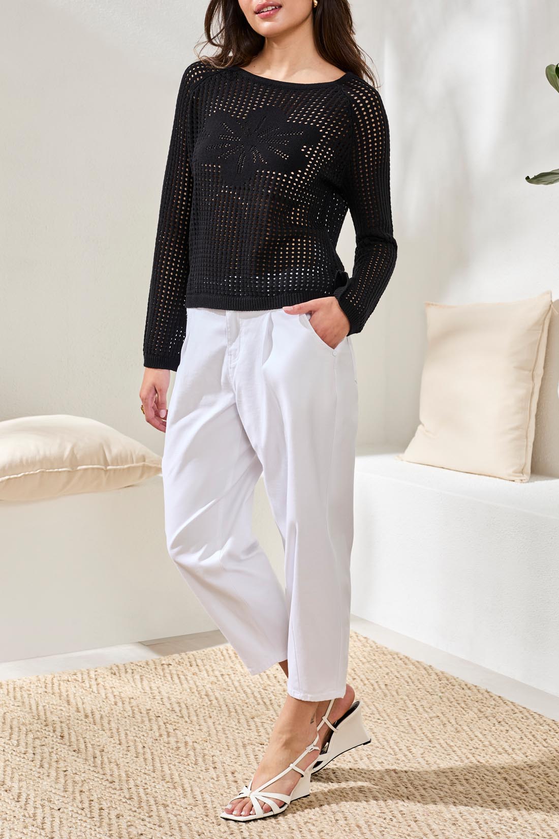 Tribal Bell Sleeve Boat Neck Open Stitch Sweater  Black 62190-5487-0002