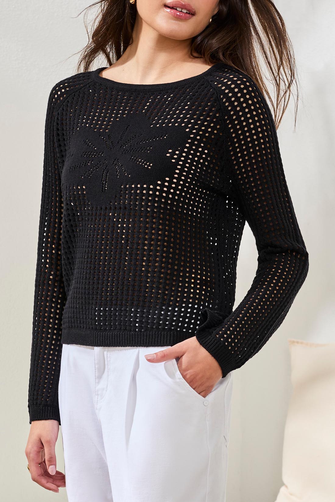 Tribal Bell Sleeve Boat Neck Open Stitch Sweater  Black 62190-5487-0002