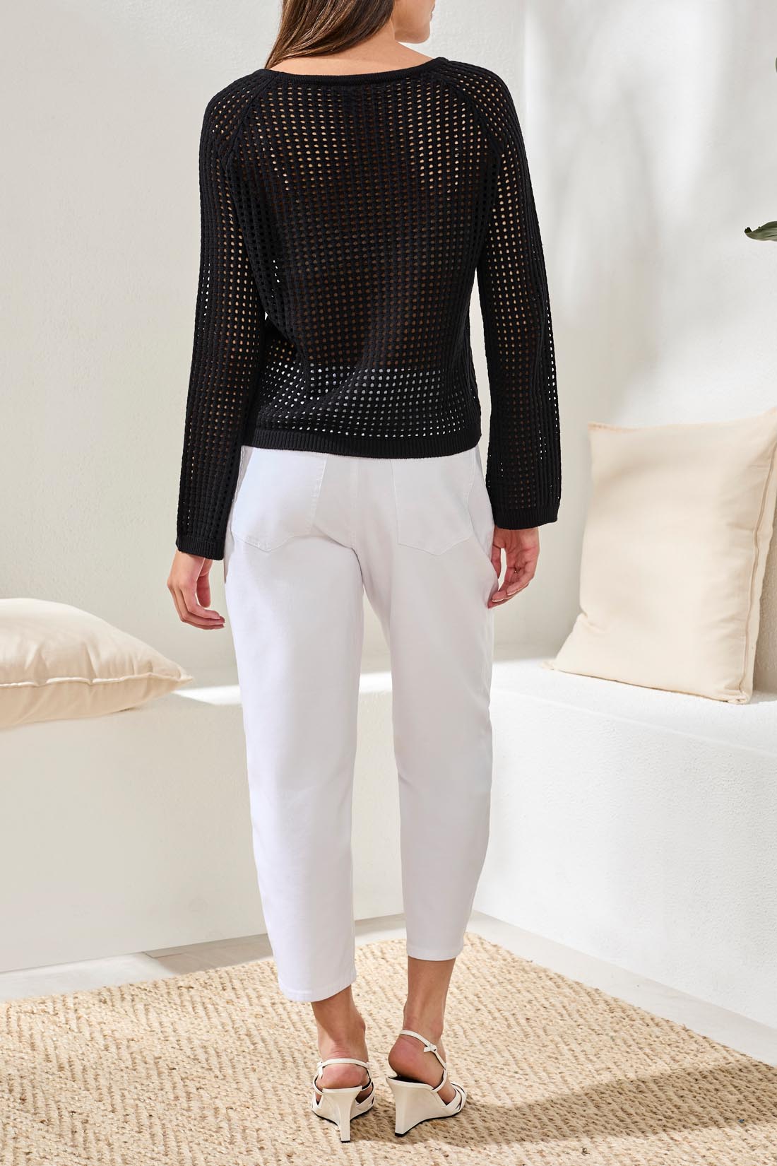 Tribal Bell Sleeve Boat Neck Open Stitch Sweater  Black 62190-5487-0002