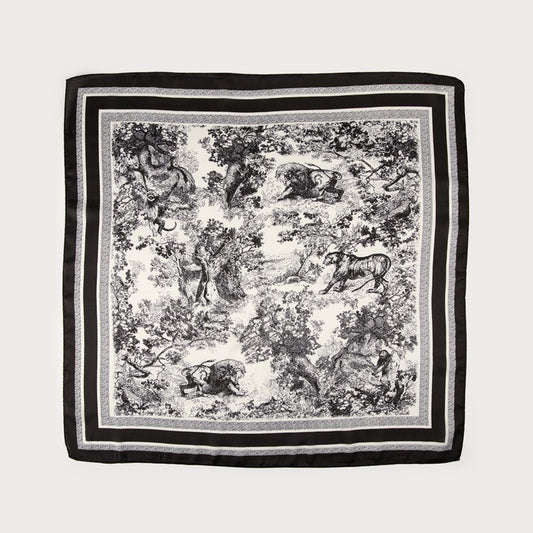 Caracol Satin Squared Scarf w/Toile de Jouy Print Black 6236-BLK