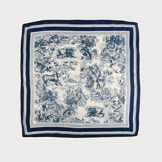 Caracol Satin Squared Scarf w/Toile de Jouy Print Navy 6236-NAV